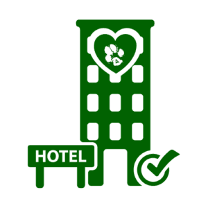 Icono de hotel canino verde con un edificio estilizado, un corazón con una huella de perro y un símbolo de verificación