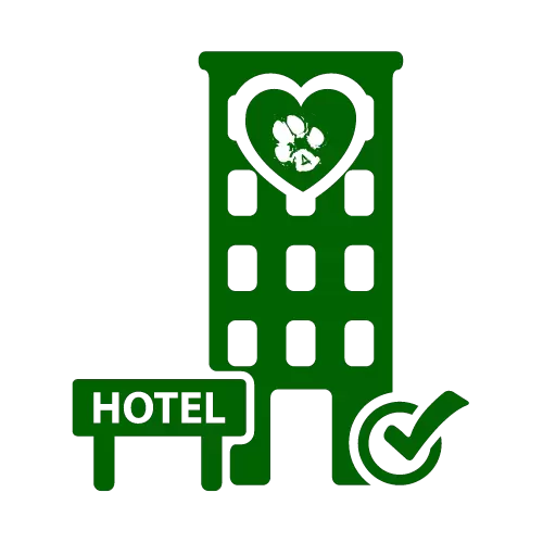 Icono de hotel canino verde con un edificio estilizado, un corazón con una huella de perro y un símbolo de verificación